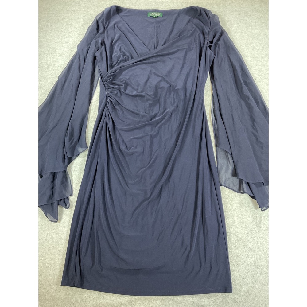 Lauren Ralph Lauren Navy Blue Ruched Sheer Bell Sleeve Cocktail Dress 14 2649